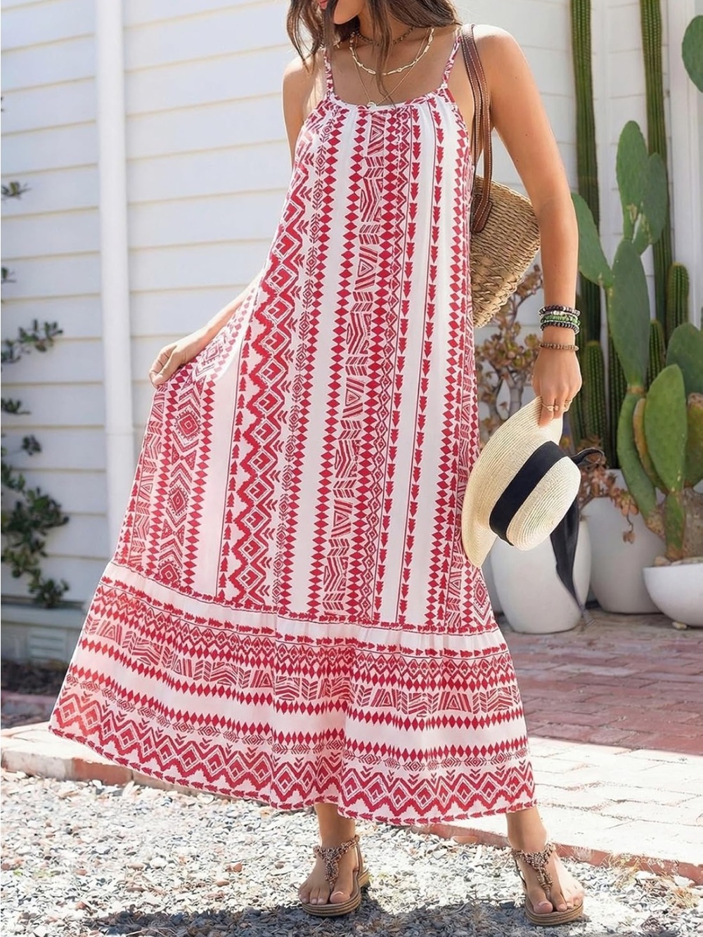 Red and White Sleeveless Maxi Dress - Spaghetti Strap Summer Style - Picture 2 of 9